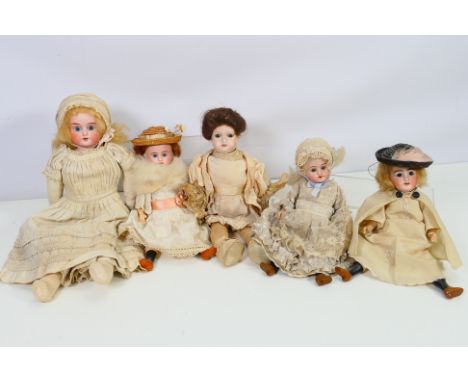 Ruth - 5 x antique bisque dolls, the largest being 35 cm tall and marked Ruth Germany on the back of her neck. They all show 