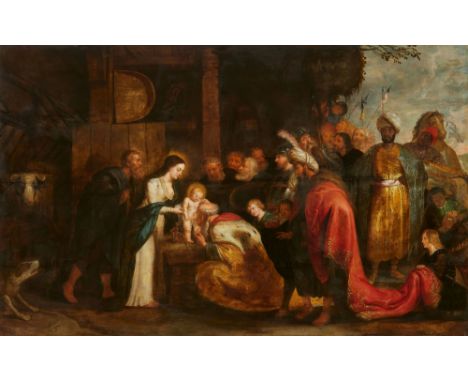 Peter Paul Rubens, nach, Die Anbetung der Heiligen drei KönigeÖl auf Holz (parkettiert). 105 x 170 cm.ProvenienzAlte belgisch