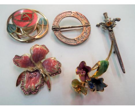 A silver Celtic brooch, stamped 925 and maker's mark, an ORTAK enamelled Scottish Thistle brooch, an Art Nouveau style enamel