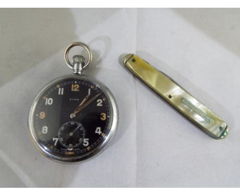 A Cyma British military issue pocket watch, stem wound with black dial and Arabic numerals, marked verso with Broad Arrow / C