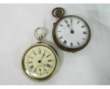 Two pocket watches, the first a white metal cased example, Roman numerals to the dial, subsidiary seconds dial, marked 15869 
