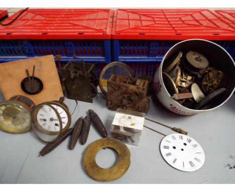 A mixed lot to include longcase and French clock movements, cuckoo clock weights, several pendulums etc.