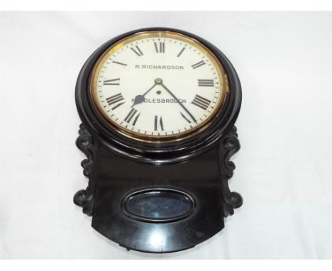 A good ebonised case drop dial wall clock, painted dial signed R Richardson, Middlesbrough, single chain fusee movement with 
