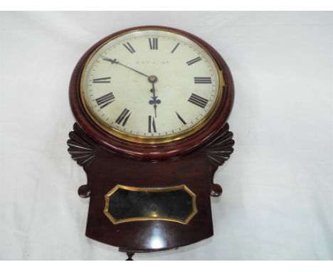 A good English drop dial wall clock, the mahogany case with glazed pendulum aperture, single fusee movement with shaped plate