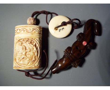 Netsuke - a vintage Japanese bone inro, depicting a gentleman on both sides, a button netsuke in a form of two birds, also a 