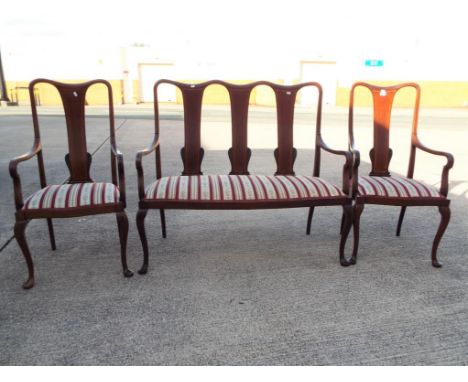 Bergere furniture - a two seater Bergere settee and a pair of matching Bergere carvers with upholstered seats (please note th