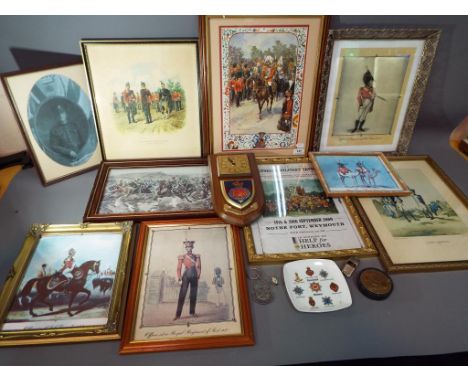 Twelve military prints of various sizes and depicting various scenes, also included is a Grenadier Guards wall plaque with cl