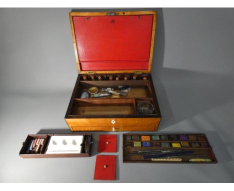 A 19th Century Reeves &amp; Inwood artist's box with fitted interior, lift out tray's containing watercolour cakes, palette, 