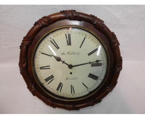 An mid-19th century English fusee dial clock, the mahogany case with foliate carved surround, cast brass bezel, convex painte