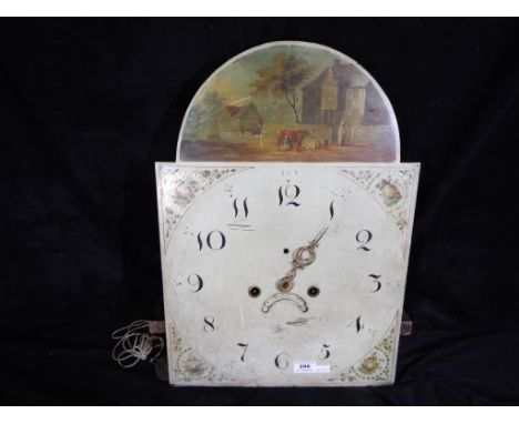 An early 19th century 8-day longcase clock movement and 14 x 20 inch arched painted dial, the dial with floral decoration to 