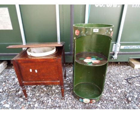 A decorative round storage unit with floral decoration also included in the lot is a mahogany commode