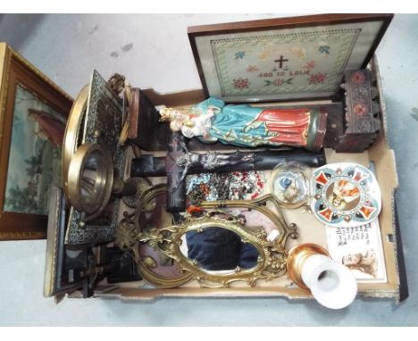 Religious - a box containing a quantity of religious items to include brass plates, pictures, cross-stitch, wall plaques, cer