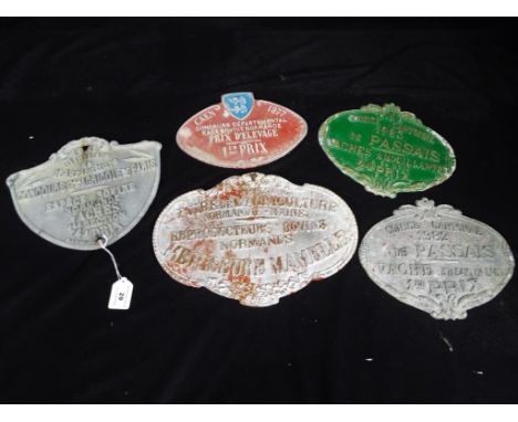 Five French white metal livestock  / agricultural show wall plaques dated from 1930s to 1983  awarded for the first, the seco
