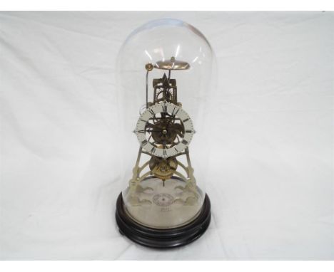 A late 19th/ early 20th century skeleton mantel clock, A-frame plates, chain fusee, passing strike on a bell, silvered dial w