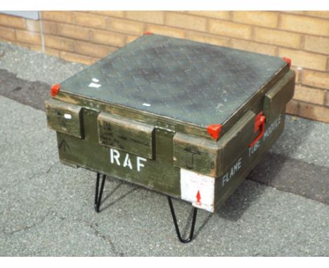 Military - a British military ammunition box bearing crows foot / wide arrow and branding made into a table with red sprayed 