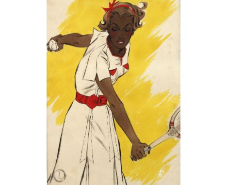 Irena von Rügen, Tennisspielerin bei RückhandschlagTennismodel beim Schlag, sehr dekorative Modezeichnung für ein Tennisdress