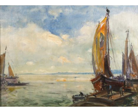 Prof. Otto Hamel, "An der Ostsee"an einem Hafendock anlegende Segelschiffe mit Hafenarbeitern, unter locker bewölktem Himmel,