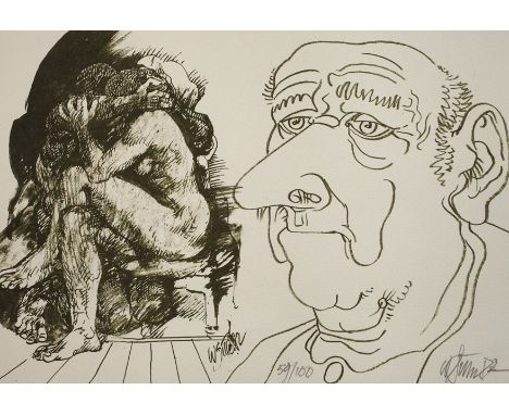 Prof. Willi Sitte, Alter Mann und Liebespaar nacktes, sich innig umarmendes Paar und Portrait eines älteren Herren, Lithograp