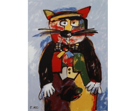 Otmar Alt, "Bräutigam"farbenfrohe Darstellung eines Katers im Anzug, aus der Serie "Braut und Bräutigam", Farbsiebdruck auf E