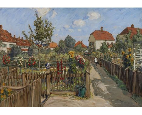 Fritz Beckert, Gartenansicht Hellerausommerlicher Blick auf blühende Gärten mit Personenstaffage hinter den Häusern der Garte