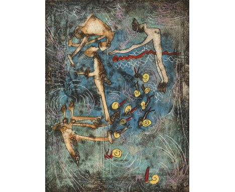 Roberto Matta, "Les Escargots"fantasievolle Komposition aus schwebenden Menschen und Schnecken, vor Hintergrund in verschiede