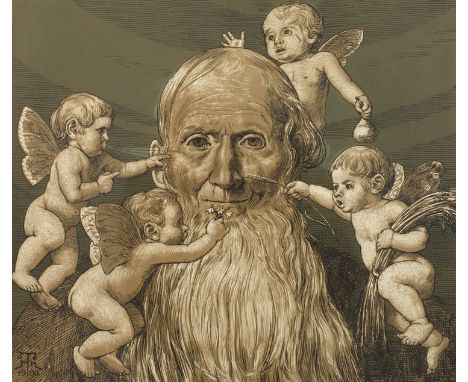 Prof. Hans Thoma, "Saturn"Saturn als alter bärtiger Mann, umgeben von den die vier Jahreszeiten symbolisierenden Engeln, Farb