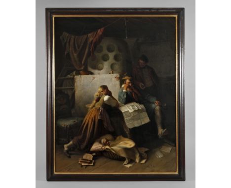 Friedrich Schoen, "Die Auswanderer"Blick ins ärmliche bäuerliche Interieur mit junger verzweifelter Familie am Ofen, über die