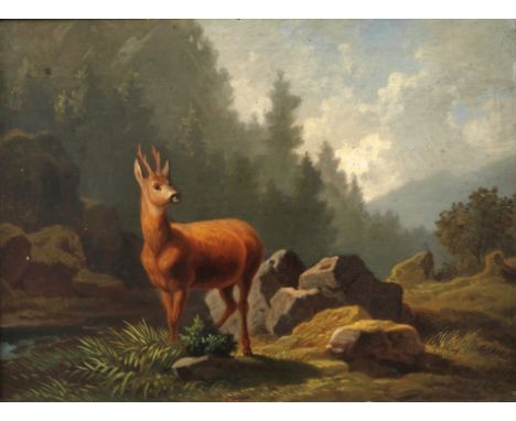 Friedrich Hohe, Rehbock am Waldesrandfelsige Landschaft mit seitlich blickendem Rehbock, unter bewölktem Himmel, Öl auf Holzp