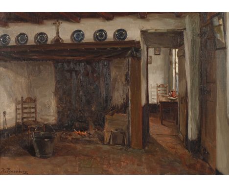 Reinier Pijnenburg, Holländisches InterieurBlick in eine Stube mit Feuerstelle und kochendem Kessel, auf dem Sims darüber Chr