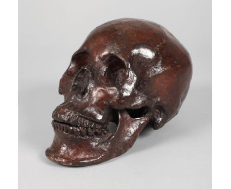 Memento Mori Bronze20. Jh., Bronze und Stuck braun patiniert, signiert Mamito, menschlicher Totenschädel als Vanitassymbol, P