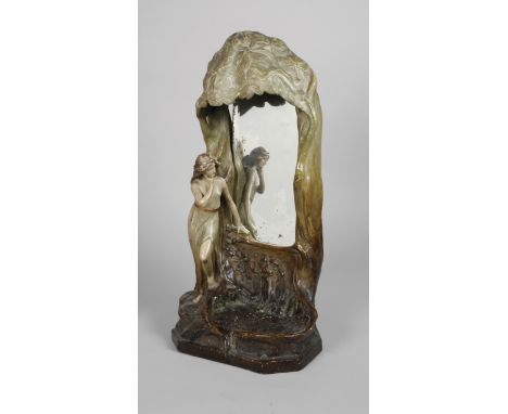 Goldscheider Wien Tischspiegeldatiert 1904, ungemarkt, unleserlich signiert, Angler?, Steingut matt bemalt und partiell vergo