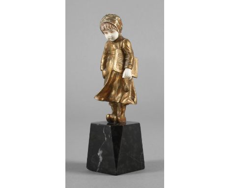 Chryselephantin Holländermädchen + Papiere im Expertisenordnerum 1900, unsigniert, Bronze in Kaltbemalung staffiert sowie ver
