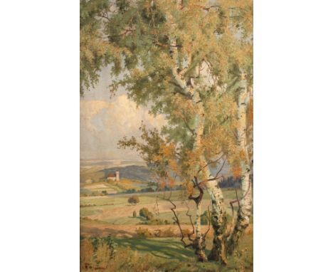 Prof. Friedrich Rudolf Zenker, "Heinersgrüner Kapelle"sommerlicher Blick aus Richtung Schwarzenreuth, vorbei an Birken zum Ka