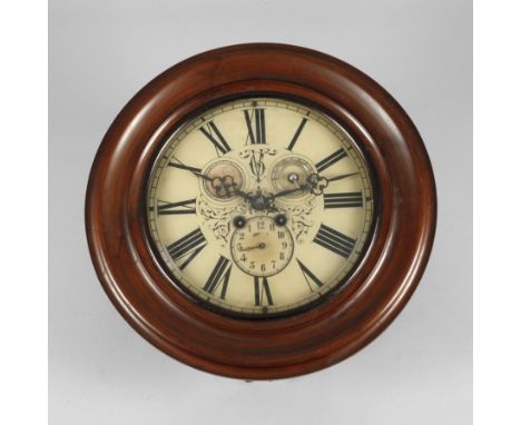 Wanduhr mit Thermometer England, 2. Hälfte 19. Jh., Rundrahmenuhr mit Wecker und Thermometer, Glasziffernblatt mit römischen 