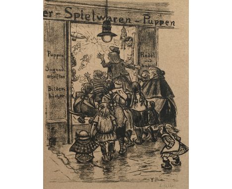 Heinrich Zille, "Vor dem Weihnachtsladen"Kinder verschiedenen Alters, sich unter dem Licht einer Laterne ans Schaufenster ein