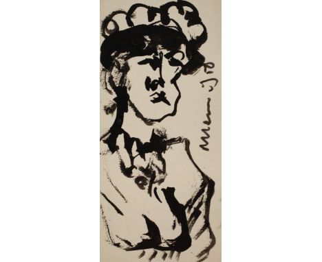 Albert Hennig, Portrait einer Damecharaktervolles Bildnis einer älteren Dame mit Hut, Tusche auf leichtem Karton, im rechten 