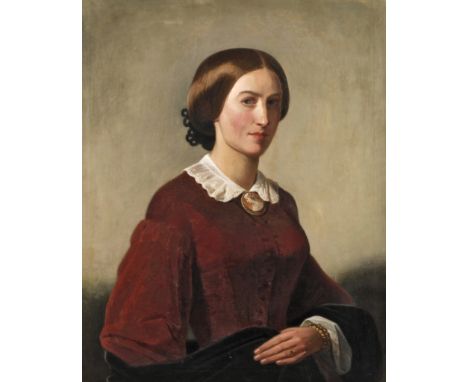 Theodor Weller, Damenportrait Spätbiedermeier Brustbildnis einer jungen Frau mit brünetten gescheitelten und zum Chignon gebü