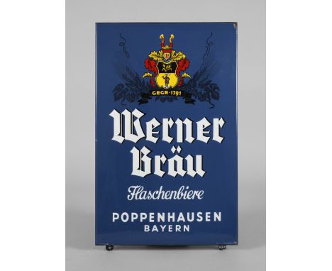 Emailleschild Werner Bräu1930er Jahre, Herstellervermerk Boos &amp;amp; Hahn Ortenberg/Baden sowie Zusatz Pyro-Email, hochrec
