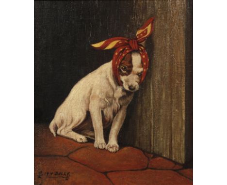 R. van Bulck, Der kranke Hundherzzerreißender Blick eines jungen Hundes mit verbundenem Kopf, leicht pastose Tiermalerei, Öl 