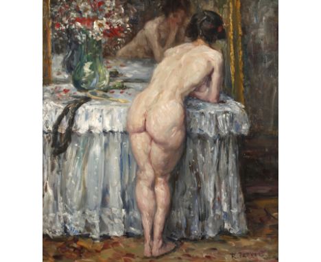 Rudolf Petuel, "Vor dem Spiegel"Rückenansicht einer nackten, sich vor dem Spiegel betrachtender jungen Dame im eleganten Inte