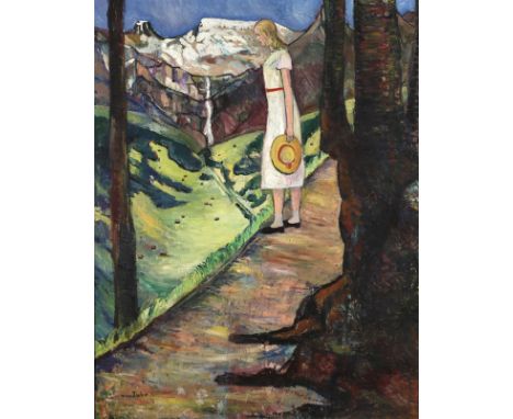 Johanna von der Mühll-Tuhr, "Der Wildstrubel"junge Spaziergängerin in alpiner Sommerlandschaft vor der Kulisse der "Wildstrub