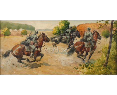 Carl Röchling, "Berittener Spähtrupp"Gruppe von drei berittenen Soldaten des 1. Weltkriegs auf der Flucht, Aquarell, um 1918,