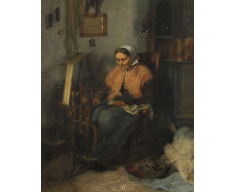 Prof. Heinrich Plühr, In der SpinnstubeBlick ins ländliche Interieur mit alter Frau in Tracht am Ofen beim Spinnen, poesievol
