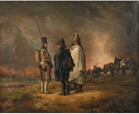 Albrecht Adam, Der Brand von Moskau 1812erschöpfte Soldaten in der Abenddämmerung, von einer Anhöhe auf eine brennende Stadt 