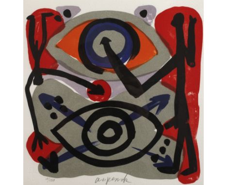 A. R. Penck, Blatt aus der Kopenhagen-Suite IIfarbintensive, archaisch anmutende figurative Komposition, Farblithographie auf