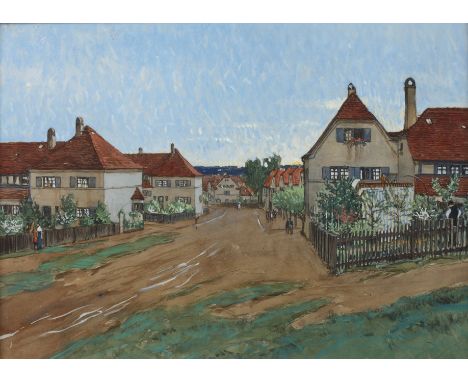 Fritz Beckert, Straßenansicht HellerauAnsicht der Gartenstadt des Dresdner Vorortes Hellerau, Mischtechnik (Aquarell und Goua