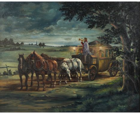 Klaus Frister, Postillion vor Nachtlandschaftnächtliche Sommerlandschaft mit von vier Pferden gezogener Postkutsche im Latern