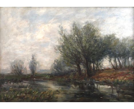 Rudolf Petuel, "Weiden am Wasser"Bäume am Flussufer, pastose Landschaftsmalerei mit breitem Pinselduktus, Öl auf Malplatte, u