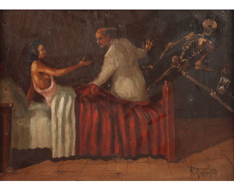 Renzo Magnanini, Tod mit Arztan einem Bett stehender Arzt, den Tod von einer jungen Frau abhaltend, leicht pastose Malerei, Ö