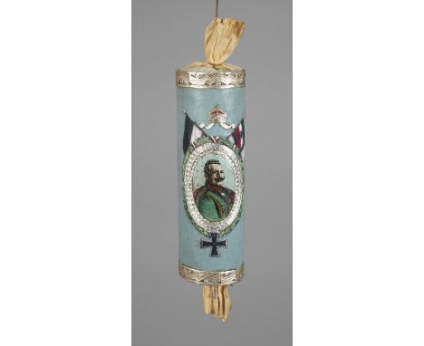 Patriotische Bonbonniere Kaiserzeit um 1910, sogenannte Dresdner Pappe, als ungefüllte Candybox aus einer Papphülse mit blaus